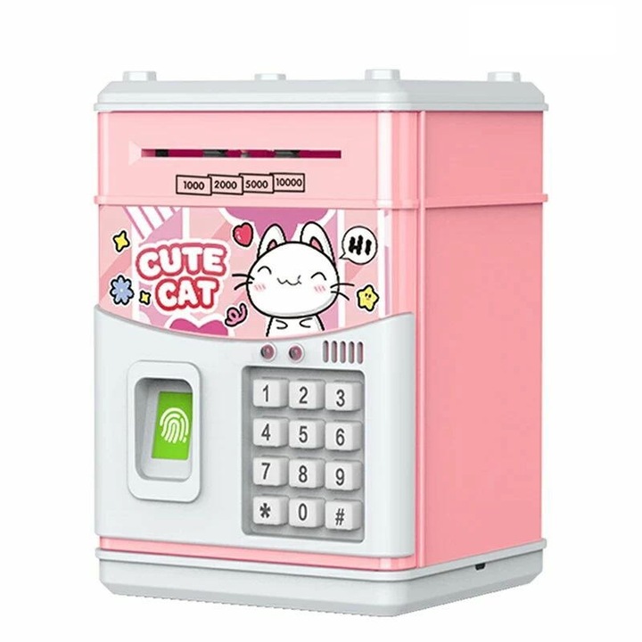 Pusculita pentru copii tip seif, Cod pin si amprenta, Muzica, Rulare automata a banilor, Cute Cat, Roz