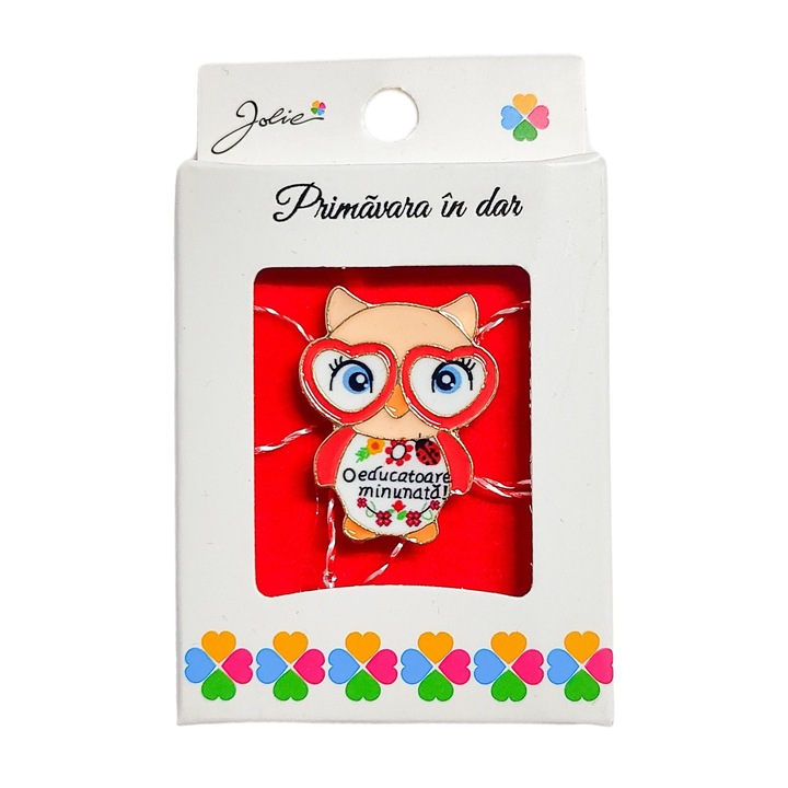 Márciuska Bross Kicsi Dobozban, Jolie, Bagoly Minta Egy Csodálatos Óvónőnek, Fém, 5 x 3 cm, Többszínű