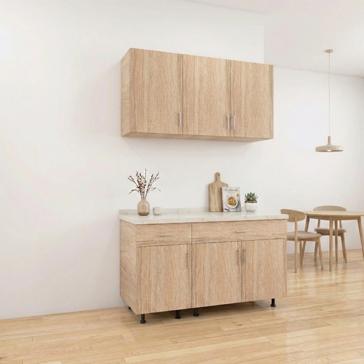 Set Bucatarie Modulara 120 cm, Culoarea Stejar Sonoma, Pal 18mm, Blat Termorezistent