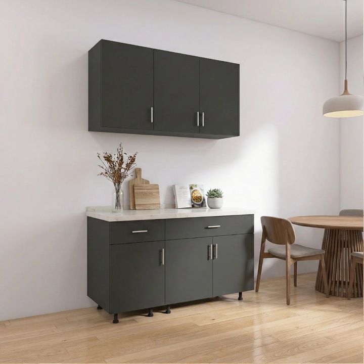 Set Bucatarie Modulara 120 cm, Culoarea Gri Antracit, Pal 18mm, Blat Termorezistent