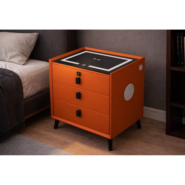 Многофункционално смарт нощно шкафче, LED осветление, тъч контрол, безжично и USB зареждане, Bluetooth високоговорител, 3 чекмеджета, заключване на чекмеджетата с пръстов отпечатък, модерен дизайн, оранжево