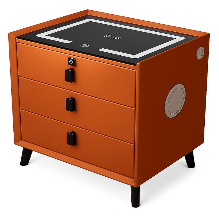 Многофункционално смарт нощно шкафче, LED осветление, тъч контрол, безжично и USB зареждане, Bluetooth високоговорител, 3 чекмеджета, заключване на чекмеджетата с пръстов отпечатък, модерен дизайн, 45x40x59см, оранжево