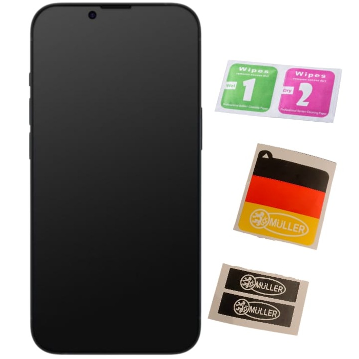 Folie Sticla Mata Müller® compatibila cu iPhone 13 Pro Max, Privacy Matte, Full Cover 3D, Full Glue, Duritate Militara, Ultra HD, Protectie Profesionala Ecran 3D, Anti Zgarieturi, Anti Socuri, Anti Orbire, Sticla Securizata, Negru