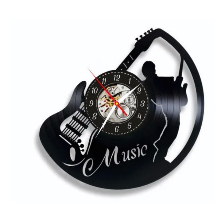 Dekoratív falióra - Elektromos Gitár Legenda - Rockzenei design Gitáros Sziluettel - bakelit lemezből (Vinyl Record) készült