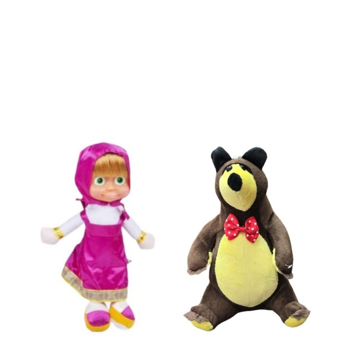 Set 2 Mascote de plus, Masha si Ursul Misha, multicolor/roz, 25 cm