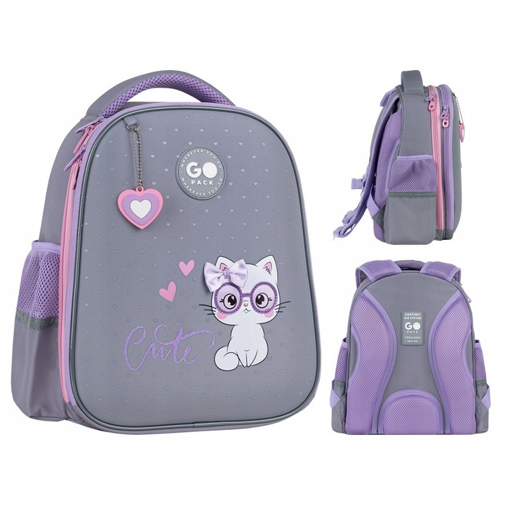 Ghiozdan ortopedic pentru clasa 1-3 fete, ergonomic, gri, cu pisica, GoPack