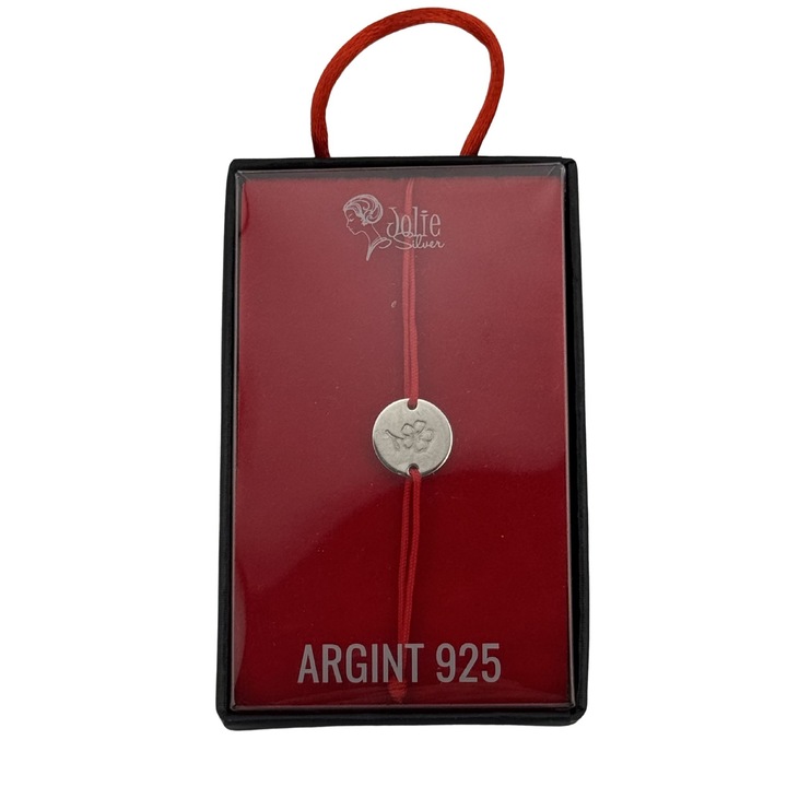 Martisor Bratara, Jolie, Argint 925, Model Trifoi Gravat, Snur Rosu Reglabil, Fara Pietre, Argintiu