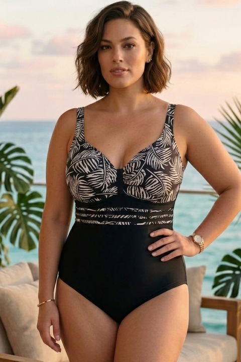 Costum de Baie Intreg cu Efect Modelator si Imprimeu Tropical, Negru/alb LM080 14630, Negru