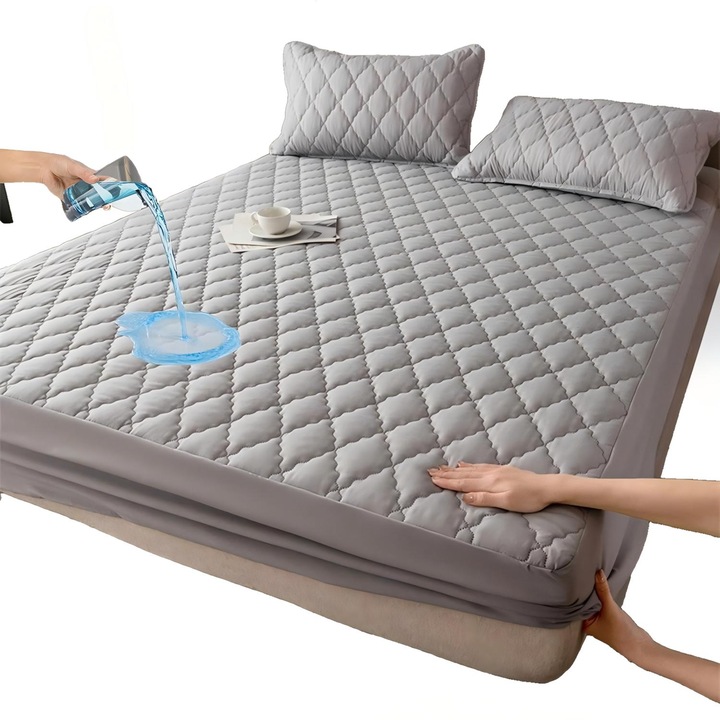 Husa protectie saltea impermeabila Omelivon, matlasata, prindere cu elastic, Model de diamant gri, 160*200*30 cm