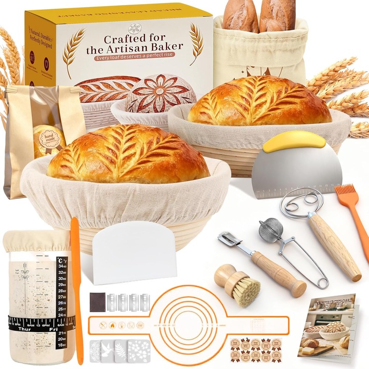 Set complet pentru starter de maia, WALALLA, cosuri de fermentare rotund si oval 23x25cm, accesorii pentru coacerea painii, bej