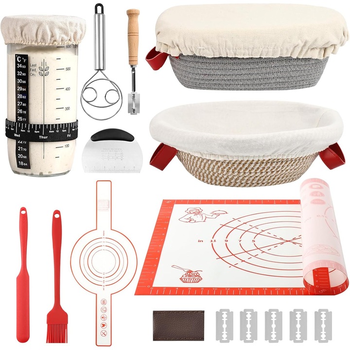 Set 2 Cosuri de Dospit, WALALLA, 25cm Oval si Rotund, cu Accesorii de Paine, Include Borcan de Dospit, Benzi pentru Paine si Tel