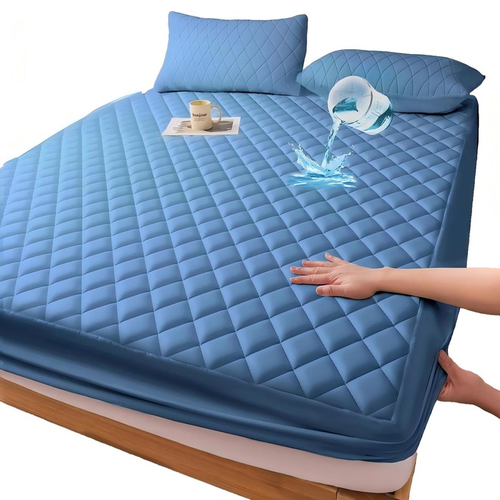 Husa protectie saltea impermeabila, Omelivon, 160x200cm, 30cm inaltime, design matlasat, albastru