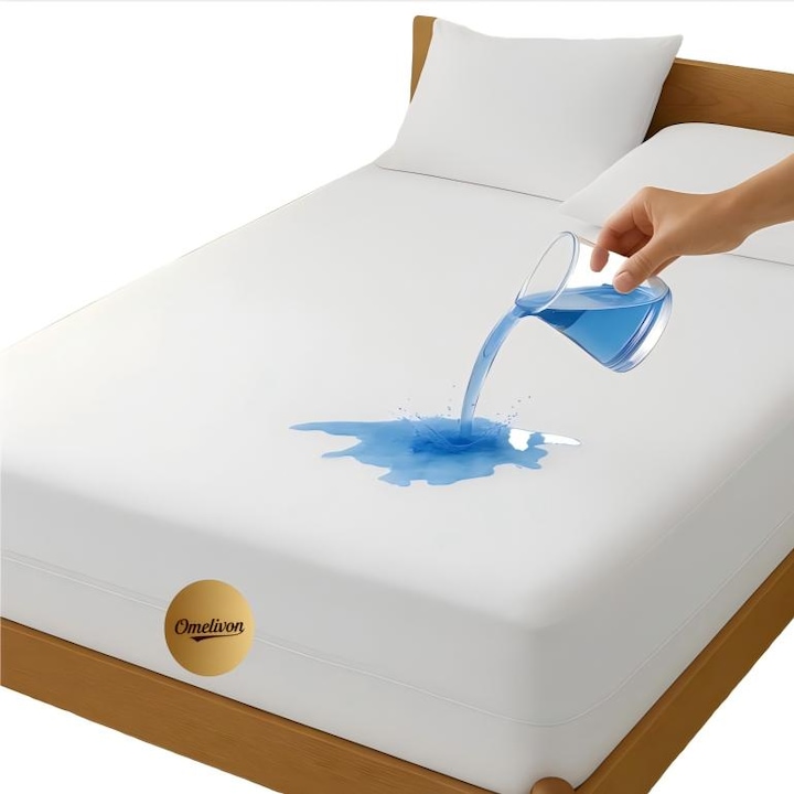 Protectie saltea impermeabila, Omelivon, 140x200cm, alb, adancime maxima 30cm, material din fibre de bambus