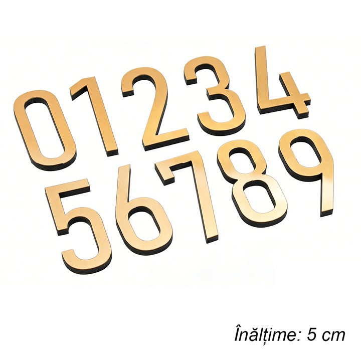 Numere autoadezive pentru usa 0-9, Design Geometric Modern, Font Sans Serif, Inaltime 5 cm, Auriu