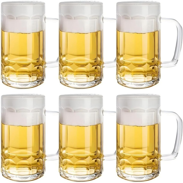 Set 6 halbe de bere Omelivon, sticla transparenta, 500ml, design cu maner