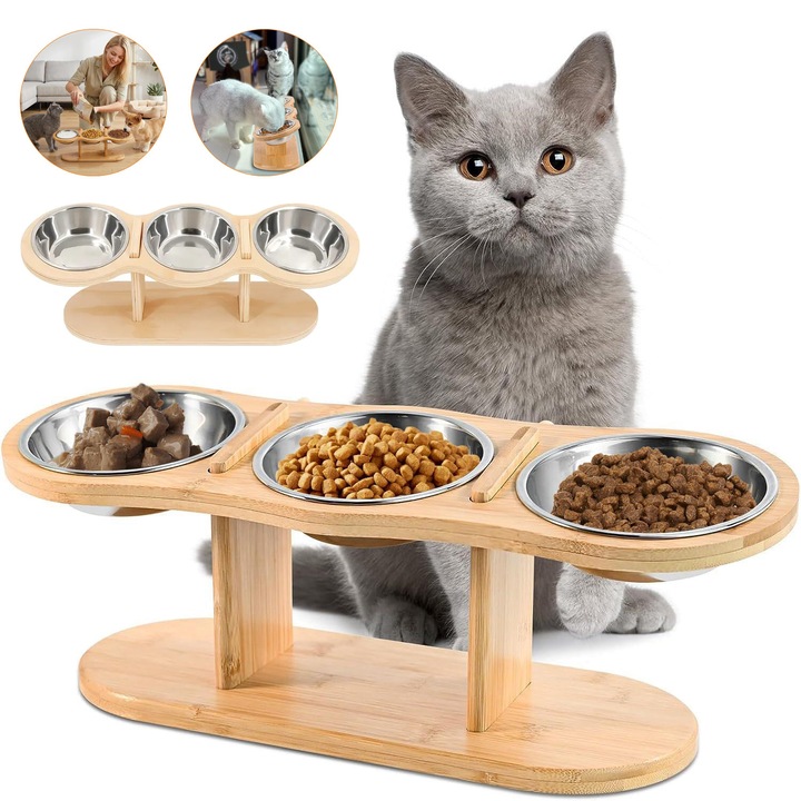 Statie De Hranire Pentru Pisici, 3 Boluri, Set De Boluri Ridicate Pentru Hrana, Bol De Hranire Cu Suport Din Lemn Inclinat La 15°, Boluri Din Otel Inoxidabil Pentru Apa, Pentru Pisici, Caini Mici
