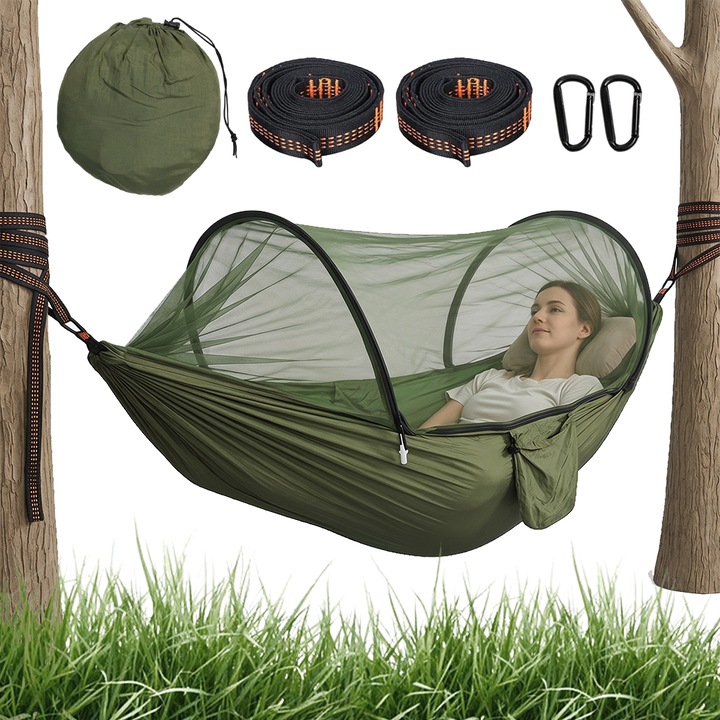 Hamac Cu Plasa Anti-tantari si Copertina, Bedee,210T, Respirabil Ultrausor, Drumetii, Rezistent Pana La 300 kg +, 275*140cm