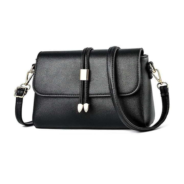 Geanta de umar pentru femei, piele naturala, curea ajustabila, capacitate mare, neagra, 25x10x16cm