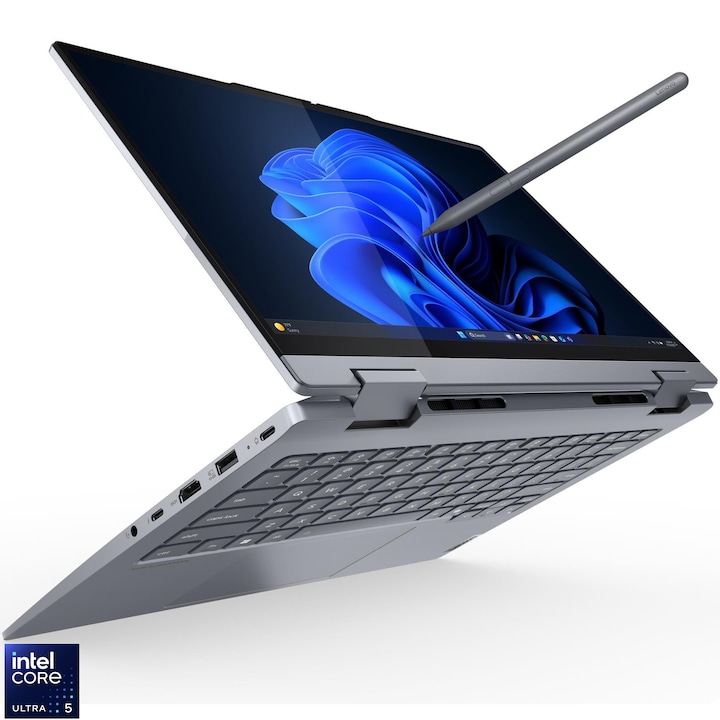 Laptop Lenovo ThinkBook 14 2-in-1 Gen 5 cu procesor Intel Core™ Ultra 5 225U pana la 4.8GHz, 14" WUXGA, Touch, IPS, 16GB DDR5 RAM, 512GB SSD, Intel® Graphics, Windows® 11 Pro, Luna Grey, 3Y Courier