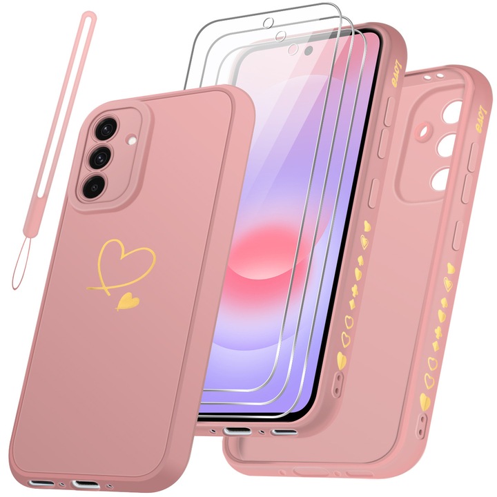 Husa compatibila cu Samsung Galaxy A37 5G cu 3 folii de protectie din sticla temperata, husa moale din TPU, roz