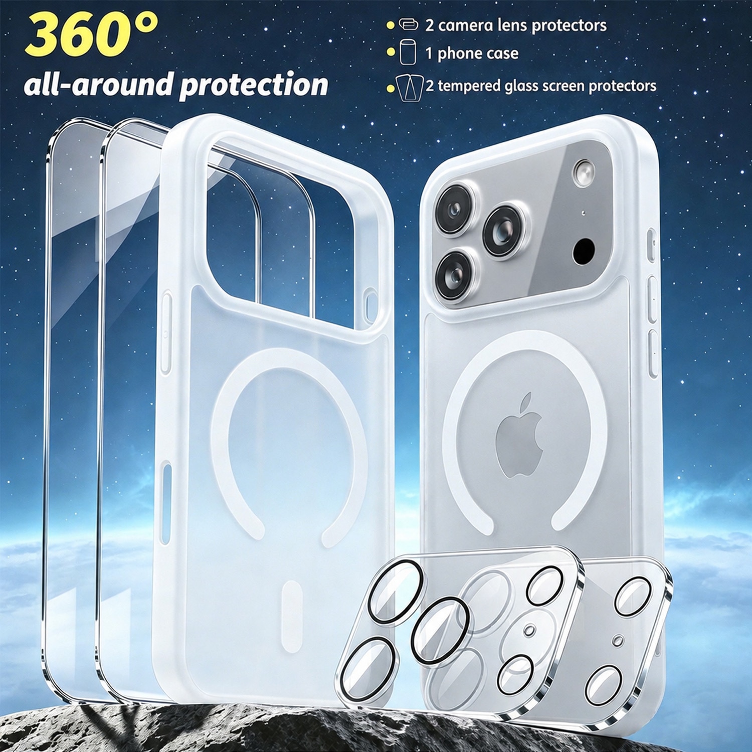 Husa compatibila cu iPhone 17 Pro cu 2 bucati protectie ecran din sticla temperata si 2 bucati protectie camera, husa moale TPU MagSafe Alb mat