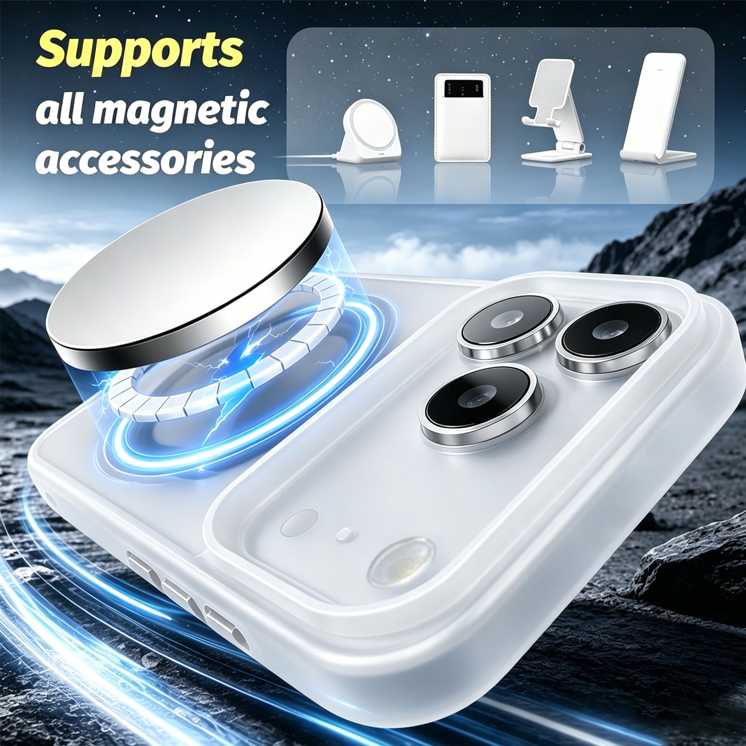 Husa compatibila cu iPhone 17 Pro cu 2 bucati protectie ecran din sticla temperata si 2 bucati protectie camera, husa moale TPU MagSafe Alb mat