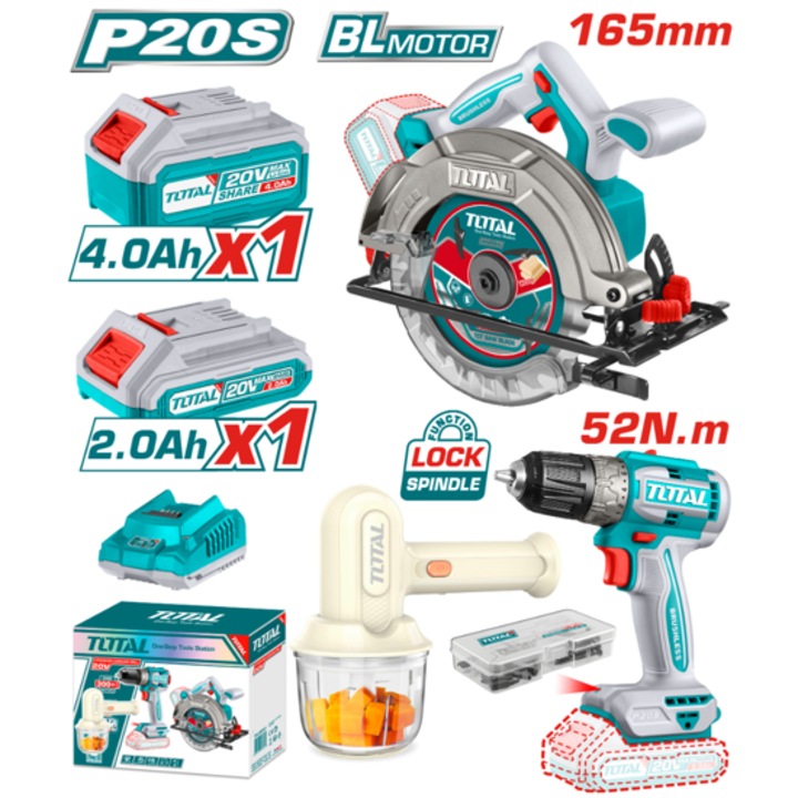 Set de scule fără fir Total, 20 V, 2Ah și 4Ah, cu mixer de mână, 47 accesorii