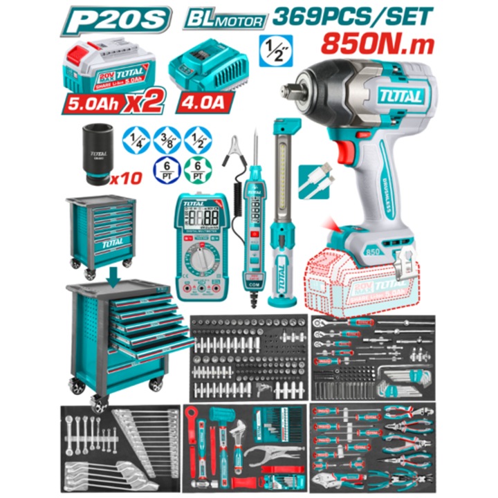 Carucior de scule Total Industrial, set 369 piese, cheie de impact 20V, 7 sertare, 765x465x812mm