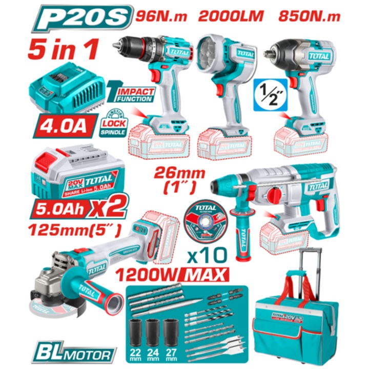 Set de scule TOTAL 5-in-1 fara fir, 20 V, 2 acumulatori 5 Ah, cu masina de insurubat, cheie de impact, polizor unghiular, ciocan rotopercutor, lampa de lucru