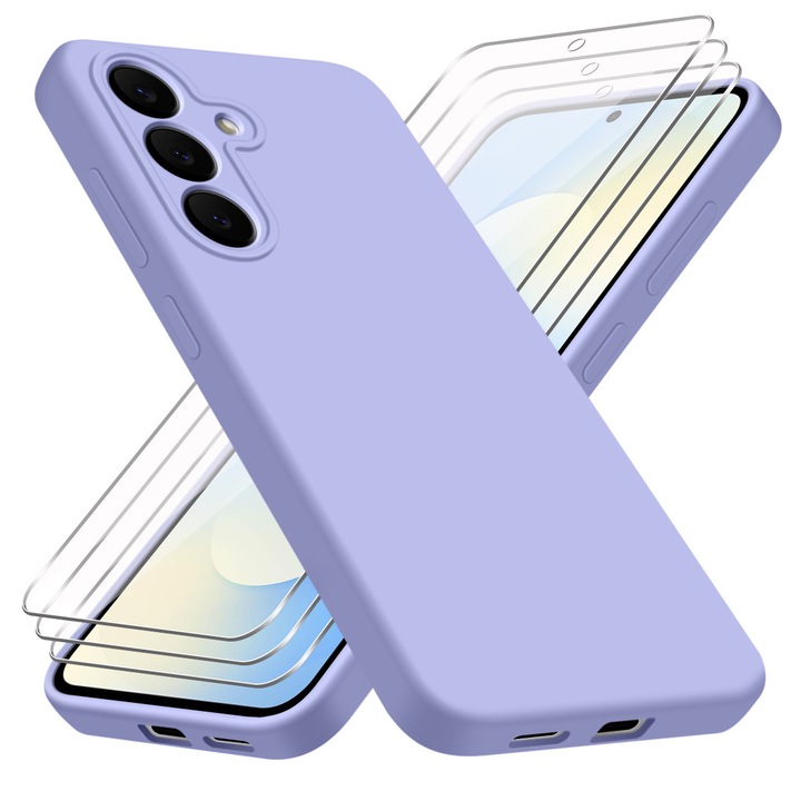 Husa compatibila cu Samsung Galaxy S25 FE 5G cu 3 folii de protectie din sticla temperata, husa moale din silicon, violet