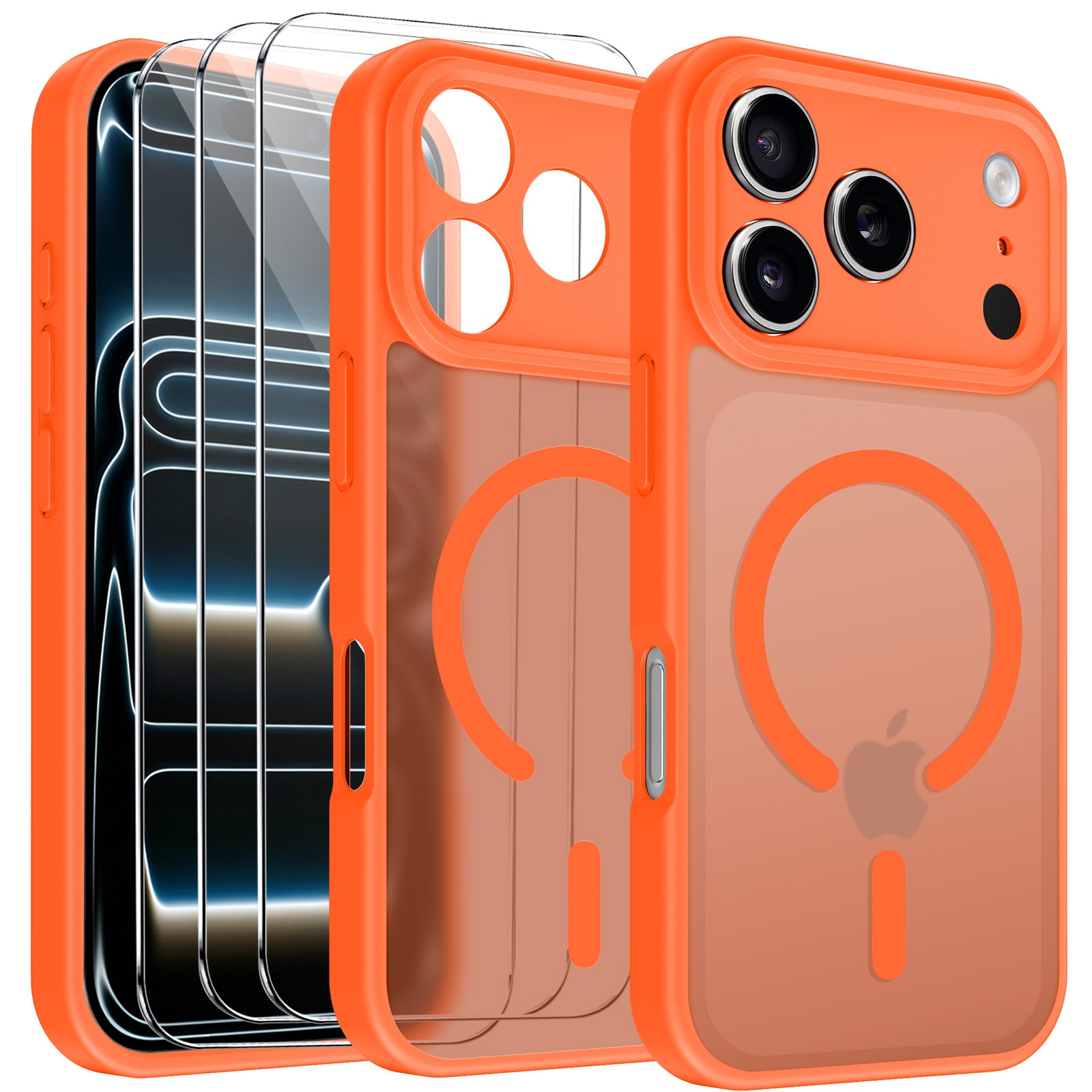 Husa compatibila cu iPhone 17 Pro cu 3 folii de protectie din sticla temperata, husa moale TPU MagSafe (Portocaliu)