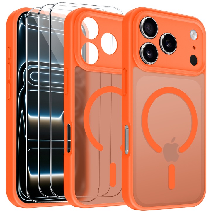 Husa compatibila cu iPhone 17 Pro cu 3 folii de protectie din sticla temperata, husa moale TPU MagSafe (Portocaliu)
