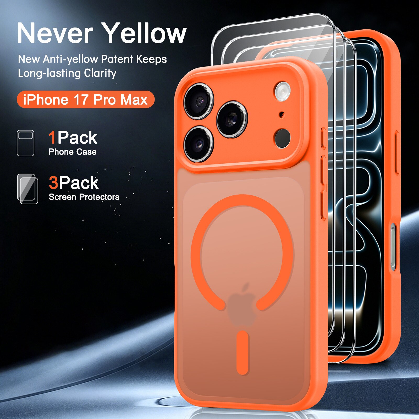 Husa compatibila cu iPhone 17 Pro cu 3 folii de protectie din sticla temperata, husa moale TPU MagSafe (Portocaliu)