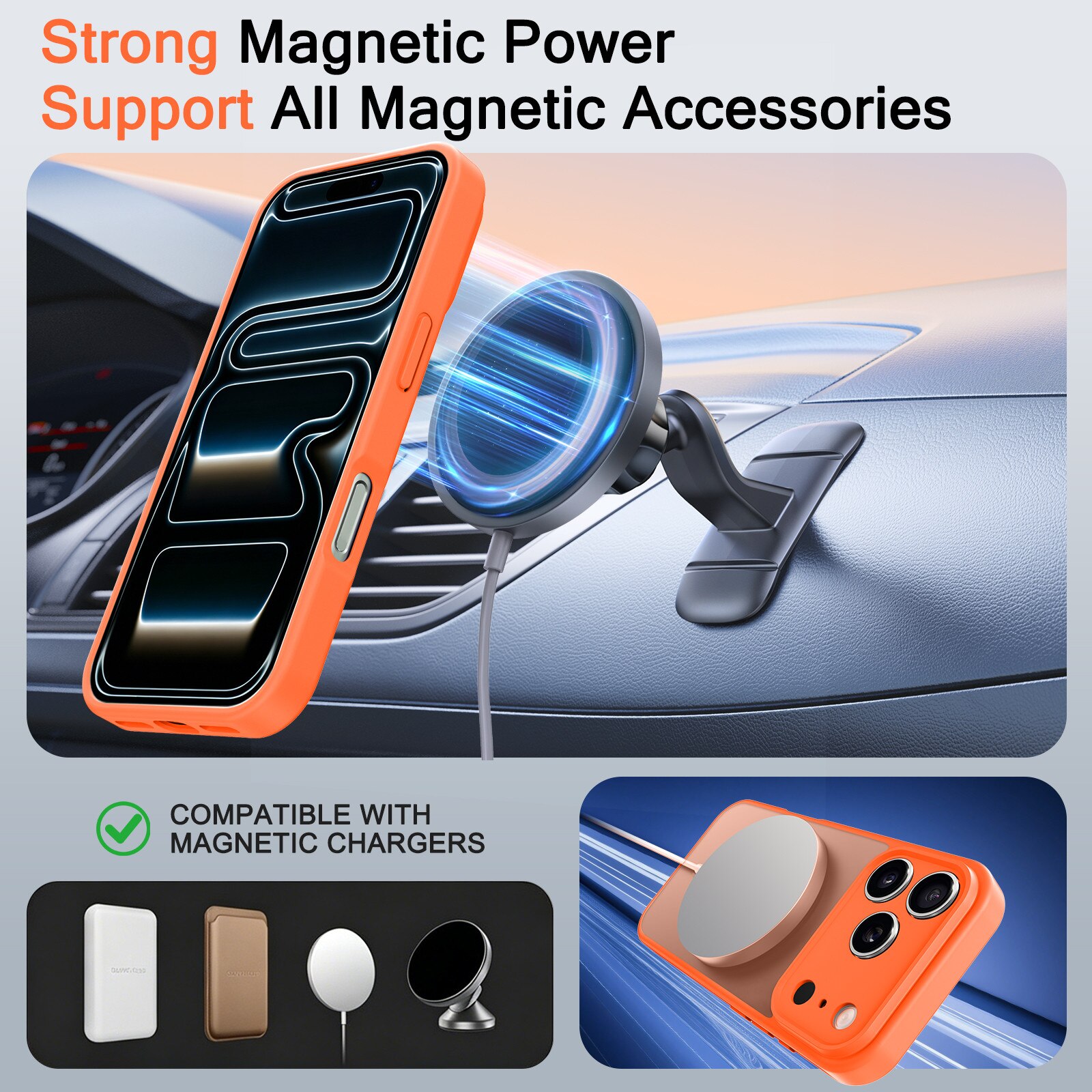 Husa compatibila cu iPhone 17 Pro cu 3 folii de protectie din sticla temperata, husa moale TPU MagSafe (Portocaliu)