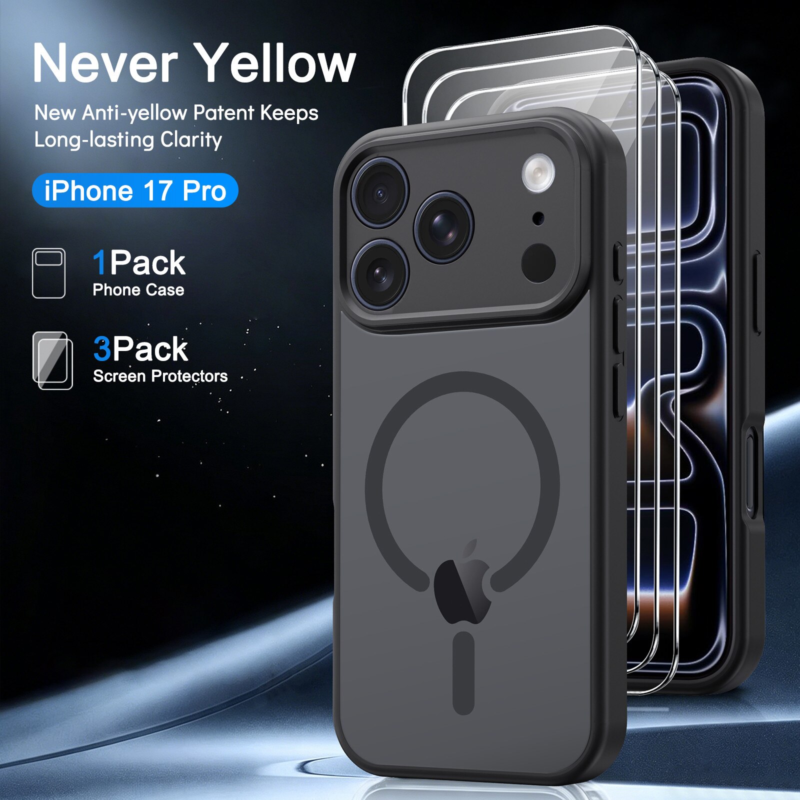 Husa compatibila cu iPhone 17 Pro cu 3 folii de protectie din sticla temperata, husa moale TPU MagSafe (Negru)