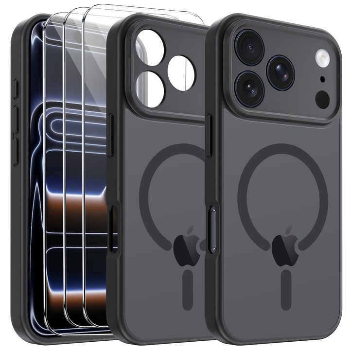 Husa compatibila cu iPhone 17 Pro cu 3 folii de protectie din sticla temperata, husa moale TPU MagSafe (Negru)