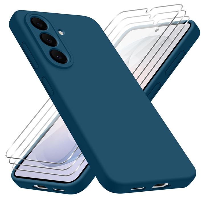 Husa compatibila cu Samsung Galaxy S26 5G cu 3 folii de protectie din sticla temperata, husa din silicon moale albastru