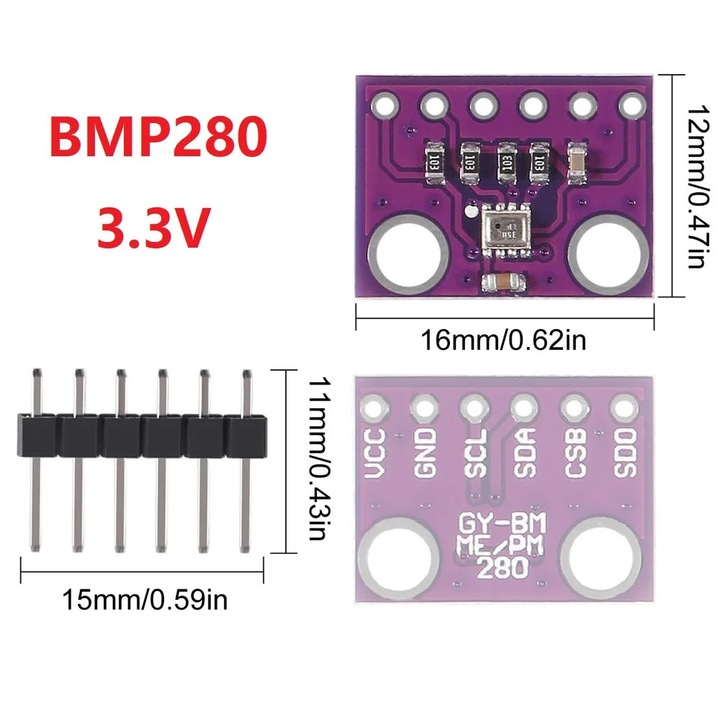 Modul senzorBMP280 digital de temperatură și presiune barometrică, dimensiuni 1, 5x1, 15cm, consum redus de energie