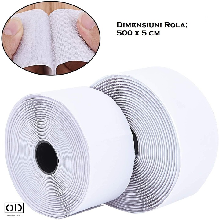 Banda Autoadeziva cu Carlig si Bucla (Hook-&-Loop) pentru Prins si Suspendat Obiecte, 500 x 5 cm, Alb, ORIGINAL DEALS