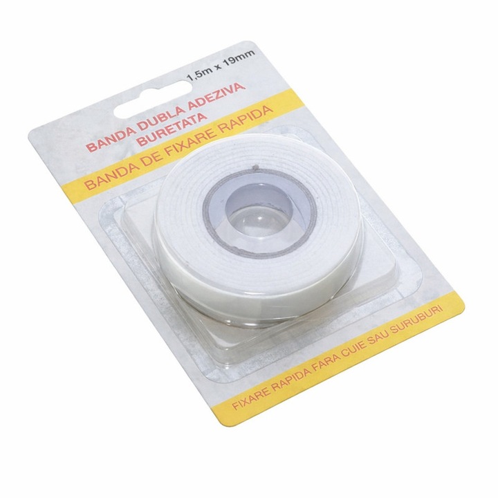 Banda dublu adeziva buretata 19mm x 1.5m, super adeziva, 2.1mm