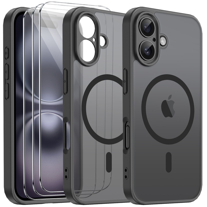 Husa compatibila cu iPhone 17 cu 3 folii de protectie din sticla temperata, husa moale TPU MagSafe (Negru)
