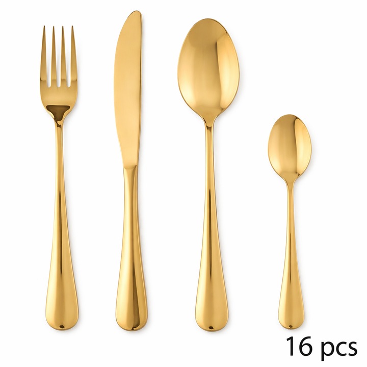 Set Tacamuri 16 Piese Gold, Otel Inoxidabil, Pentru 4 Persoane, Atmosphera