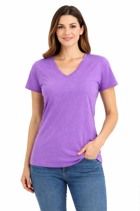 Tricou Dama Simplu Bumbac 100% , Guler V , Croiala lejera , FABRICAT IN ROMANIA , ADIBIALEX, Mov deschis