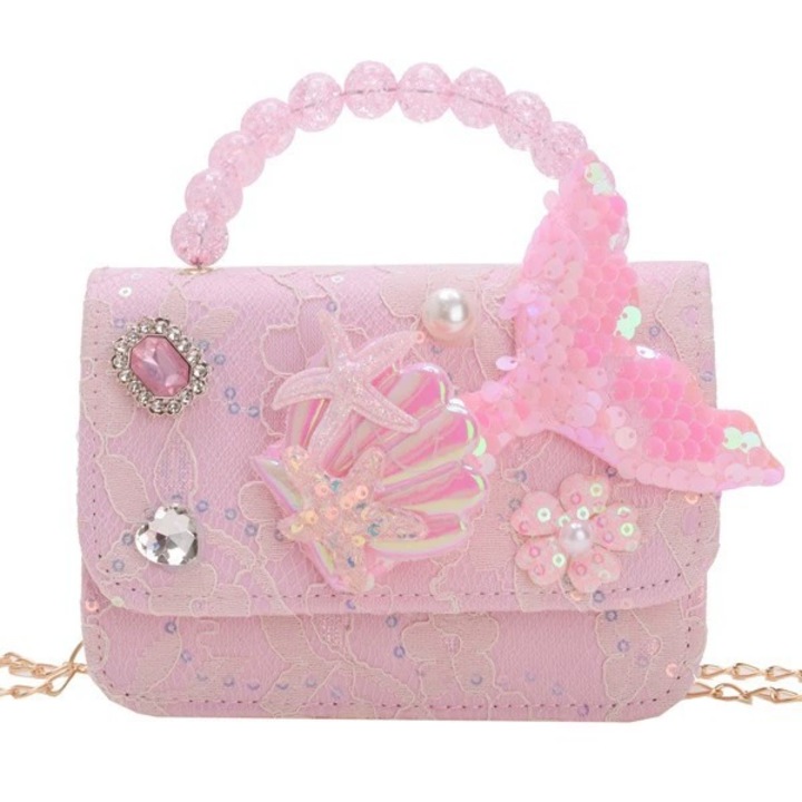 JALWO, Geanta pentru fete, design in forma de sirena, piele ecologica, purtabila pe umar, 14x11x5cm, roz