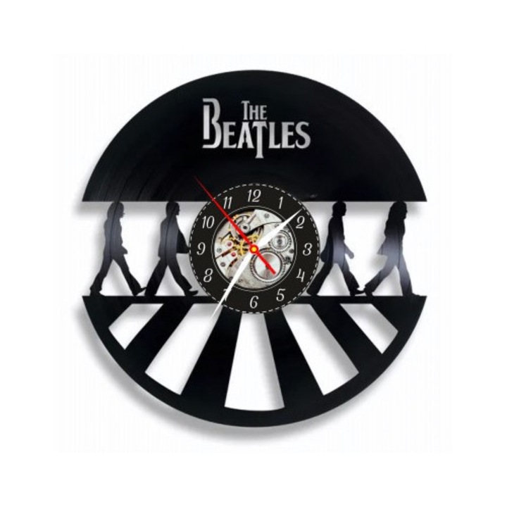 Dekoratív falióra - The Beatles Abbey Road - Ikonikus design zenekari sziluettekkel és logóval - bakelit lemezből (Vinyl Record) készült, fekete, 30 cm