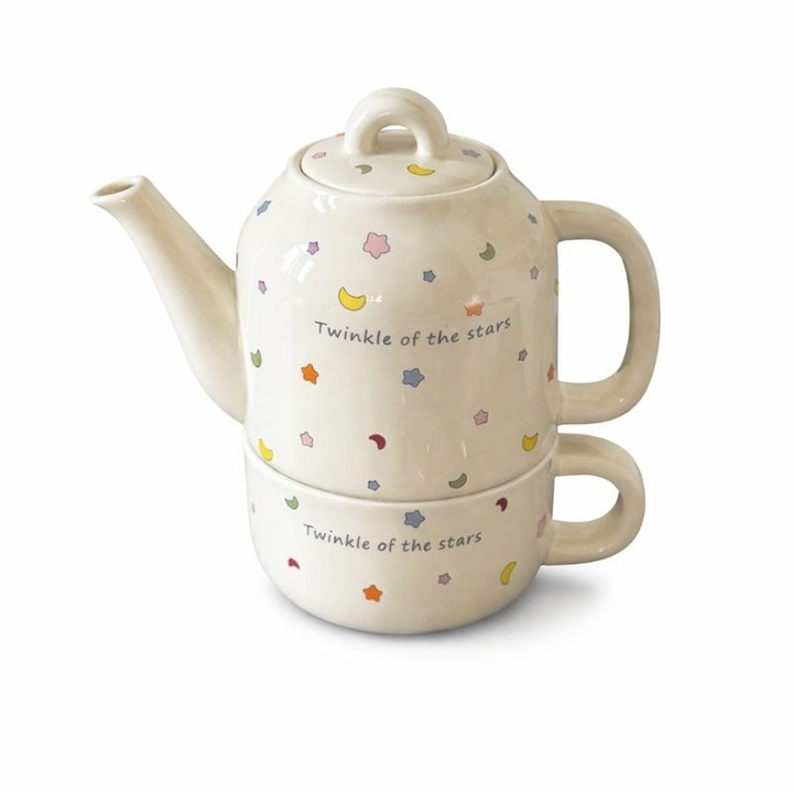 Set de Ceai, Ceainic cu Ceasca pentru Uz Casnic, Stele cu Luna, Set de Ceai pentru Copii, Adulti, 18 x 17 x 13 cm, Alb Crem