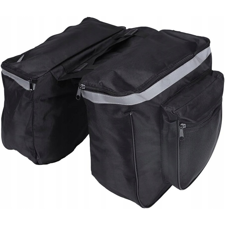 Geanta dubla pentru bicicleta 25L, impermeabila, neagra, cu multe compartimente, pentru montare pe suport.