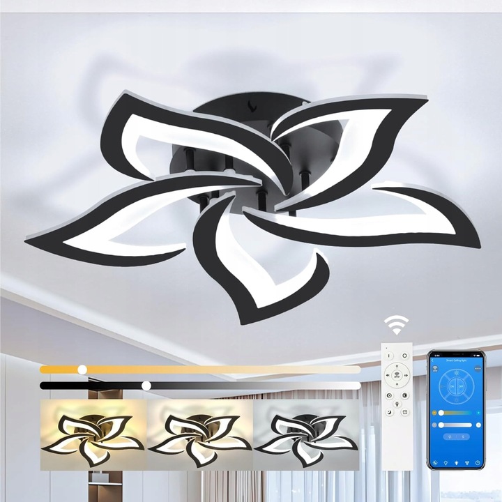 Интелигентна LED плафонна лампа с 5 рамена, черна, 60 см, цветна температура 3000K-6500K, пълен комплект