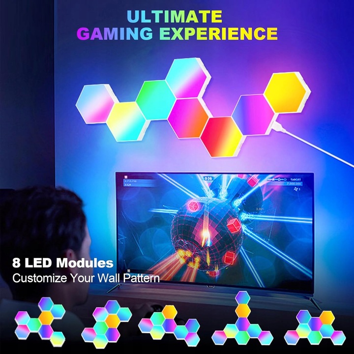 Aplica LED hexagonala RGB, 8 panouri, sincronizare cu muzica, culori multiple
