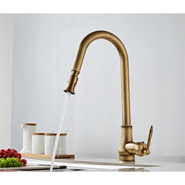 Retro sárgaréz konyhai csaptelep kerámia patronnal, 360°-ban forgatható, magas kivitel, komplett szett